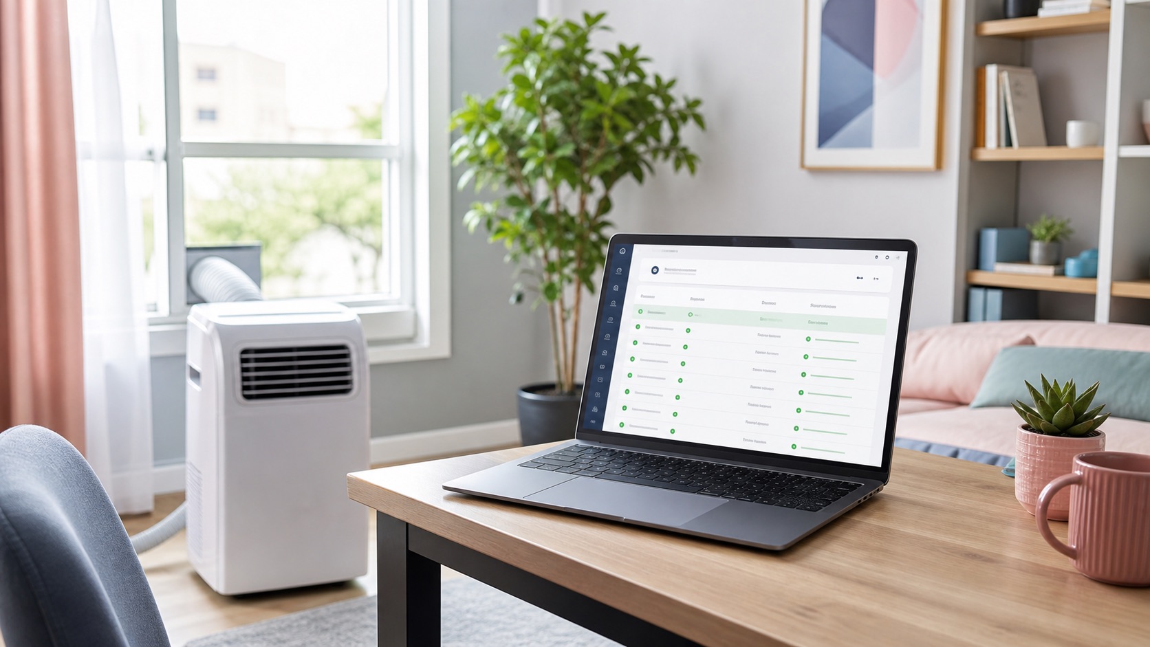Portable air conditioner beside a laptop showing availability rows